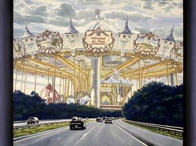French Carousel Over Mass Pike, watercolor on paper on canvas, 58" x 76"