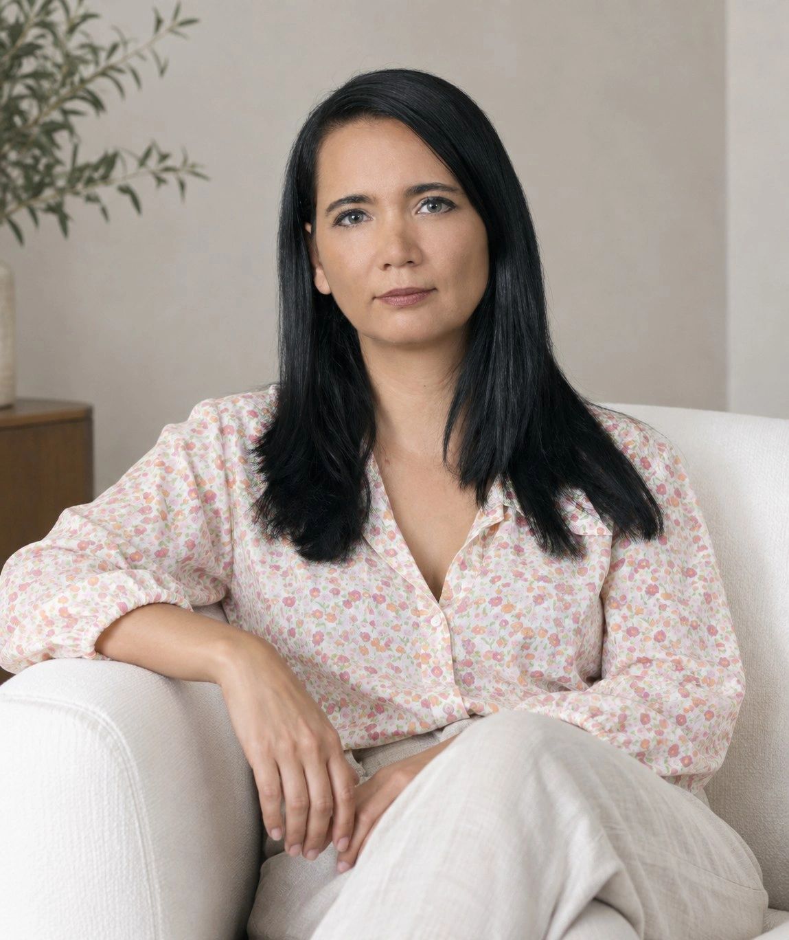 Arquitecta Lucy de Vicente sentada en un sillón blanco junto a una rama de olivo