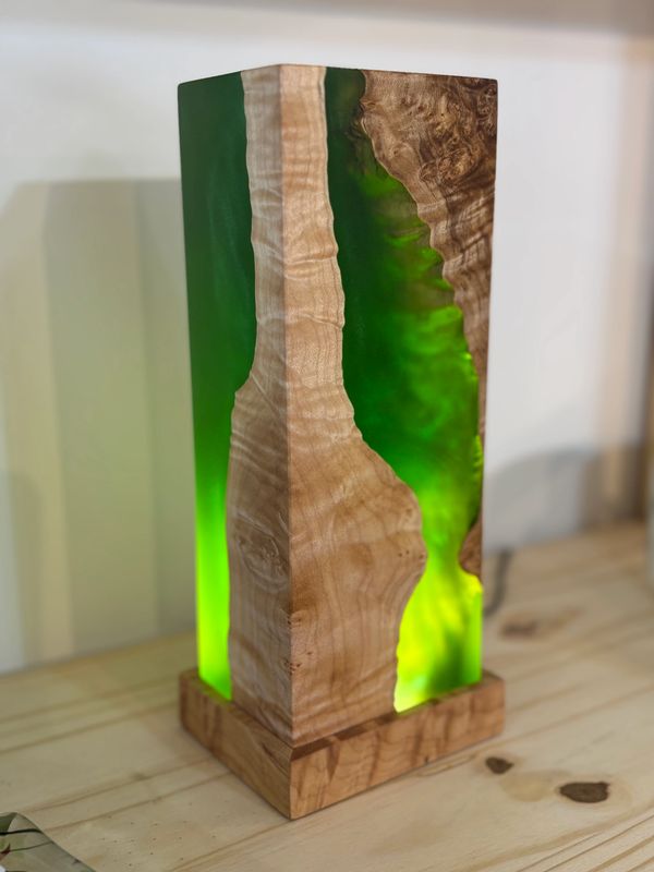 Illuminated wood and resin sculpture lamp by Zator’s woodworker Deanna Zator featuring Western Maple