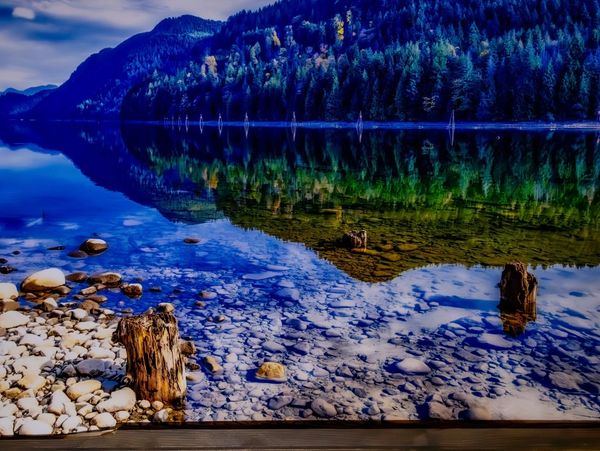 Mountain Lake landscape with Rocky Shoreline by Rich Vigurs photography, capturing natural reflectio