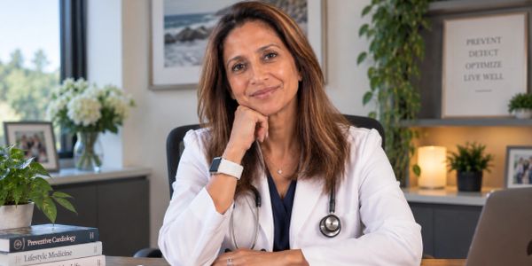 Confident female doctor in office with stethoscope.