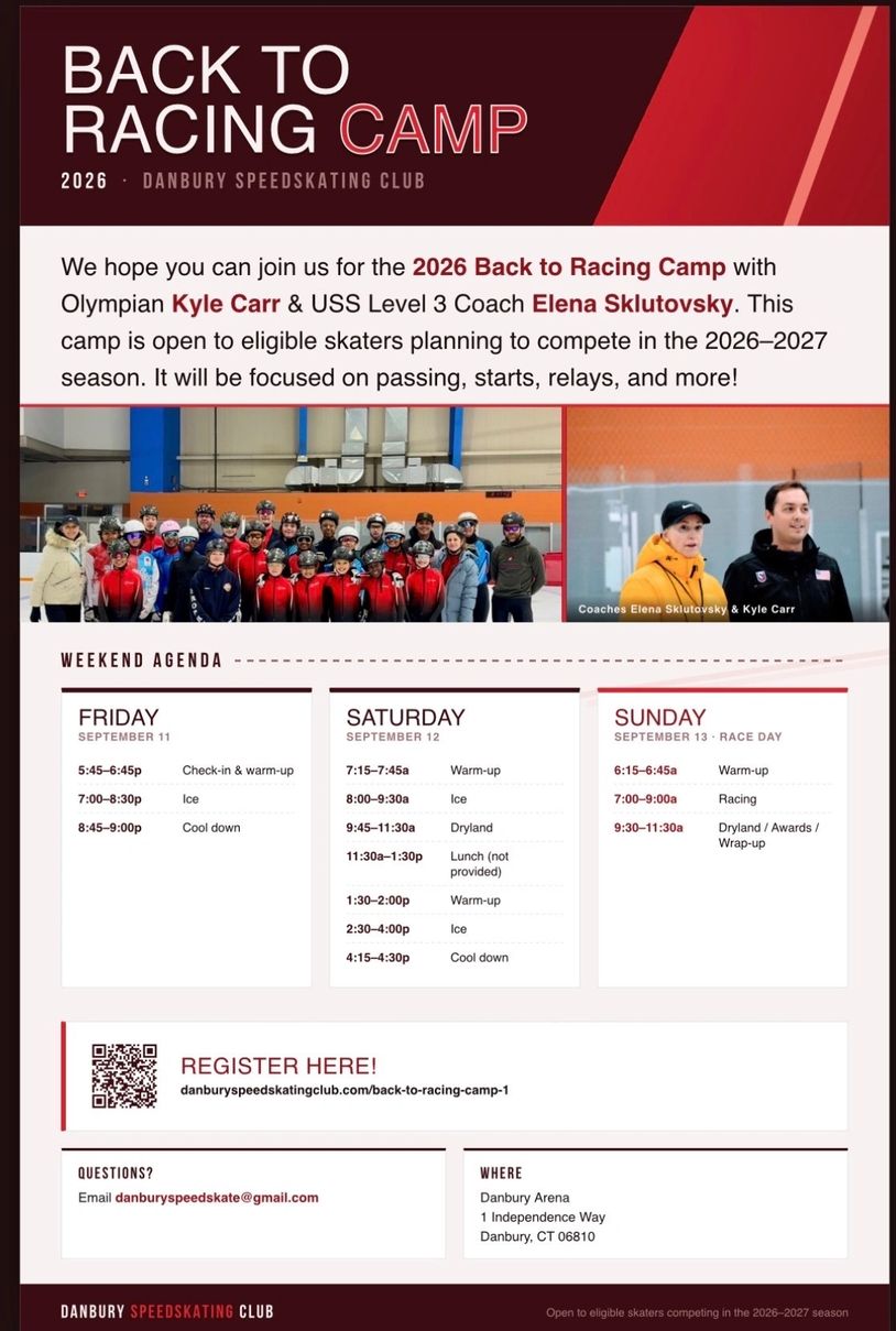 Flyer for 2026 Back to Racing Camp by Danbury Speedskating Club.