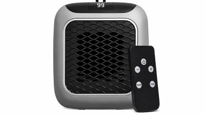 Portable electric heater with remote control.