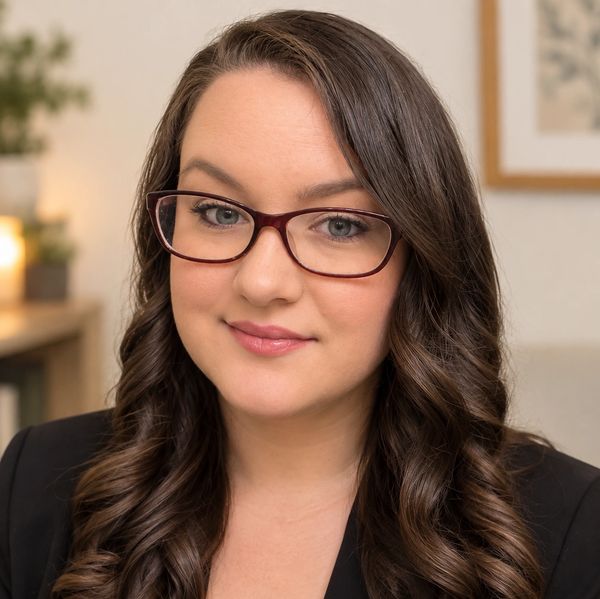 Young woman with glasses smiling.