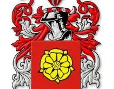A heraldic shield with a yellow rose and knight's helmet.