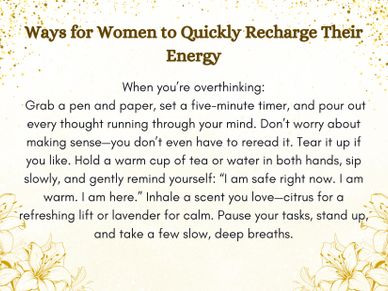 Tips for women to recharge energy by mindful breathing and calming scents.