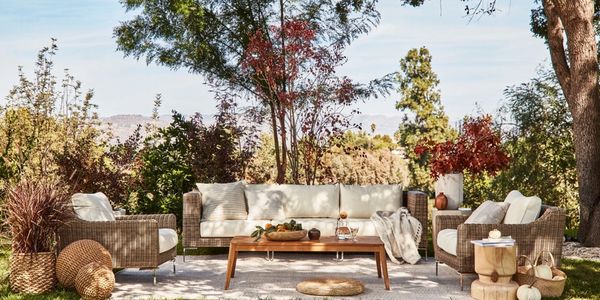 Brown wicker outdoor sofa set with cream cushions under a canopy of trees