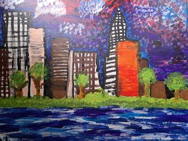 a painting of a cityscape. "Sunset City." 2024.