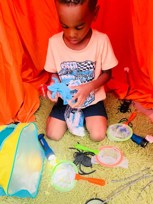 Boy wearing blue gloves with toy bugs and nets.