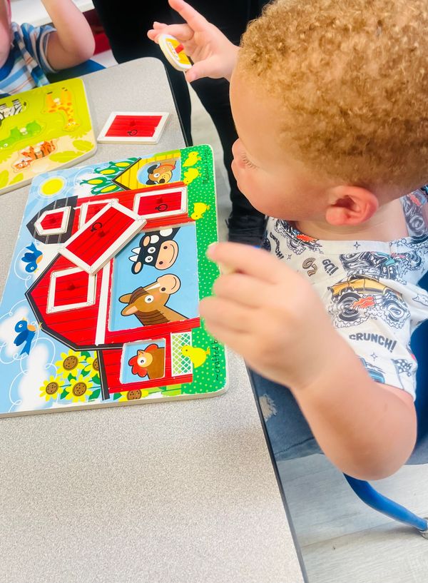 Child playing with a farm-themed puzzle at a table.