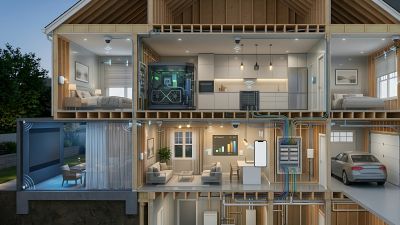 A high-end luxury living room showing automated warm ambient lighting, integrated hidden ceiling spe