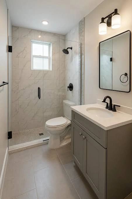 Modern simple bathroom with a nice sink and beautiful tile installed in Thornton Colorado