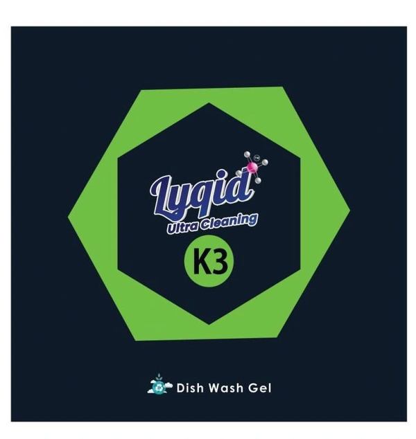 Lyqid Ultra Cleaning K3 dish wash gel logo with green and dark blue hexagon design.