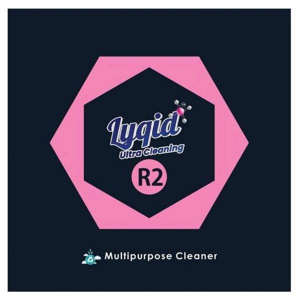 Logo of Lyqid Ultra Cleaning R2 multipurpose cleaner with pink and black hexagonal design.