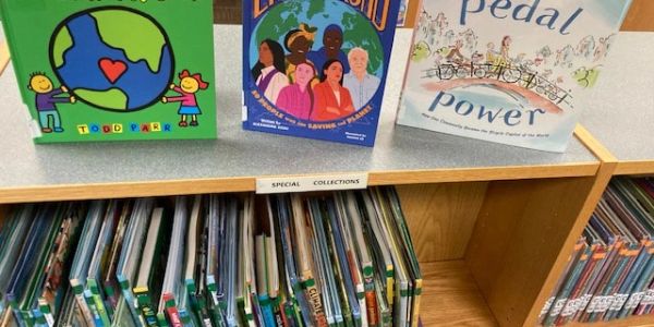 Children's books displayed above a shelf labeled 'Special Collections' in a library.