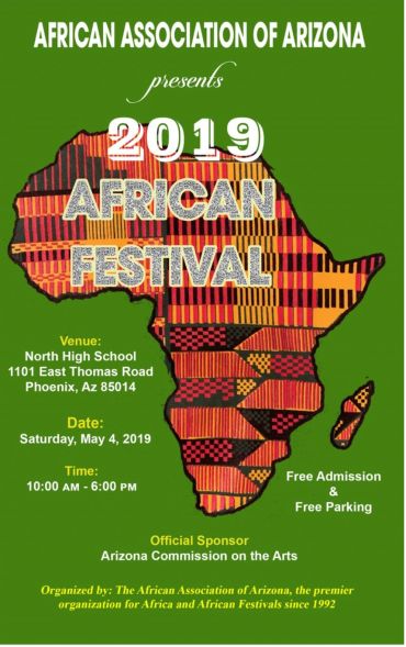 2019 African Festival hosted by African Association of Arizona with free admission and parking.