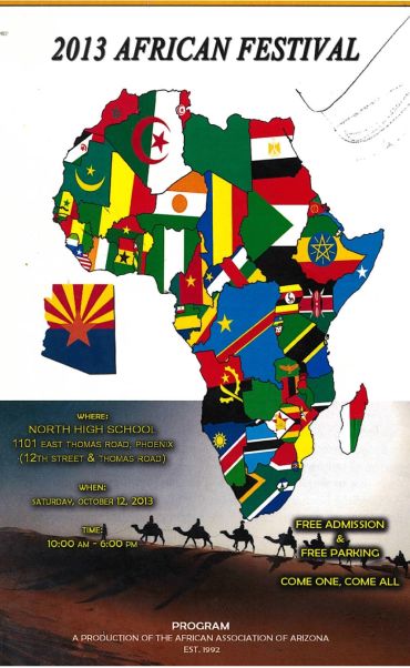 2013 African Festival poster with African flags on map and event details in Phoenix.