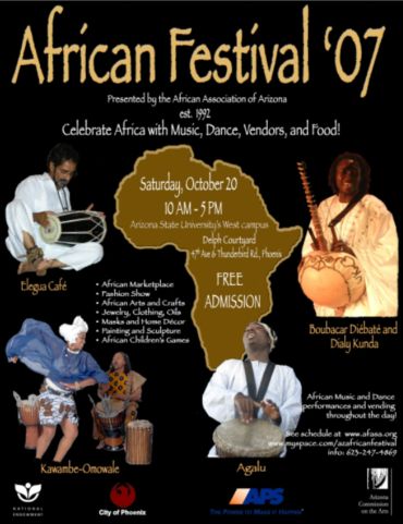 Flyer for African Festival '07 with music, dance, vendors, and free admission.