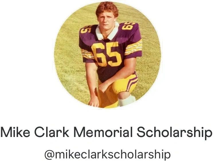 Football player in uniform, Mike Clark Memorial Scholarship.