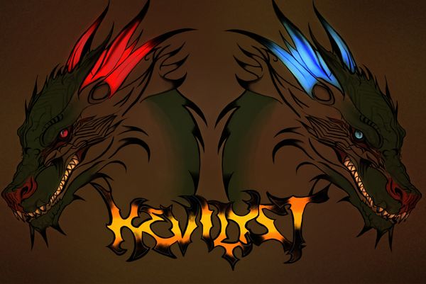 Two-headed dragon illustration with fiery text.