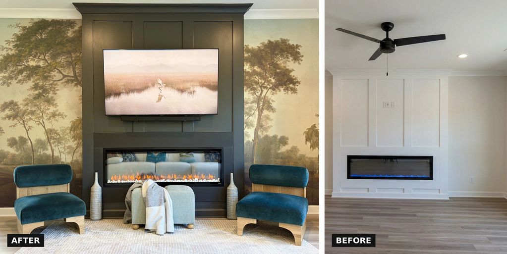 Fireplace Wall Makeover: Green Board and Batten Design & Wallpaper Mural