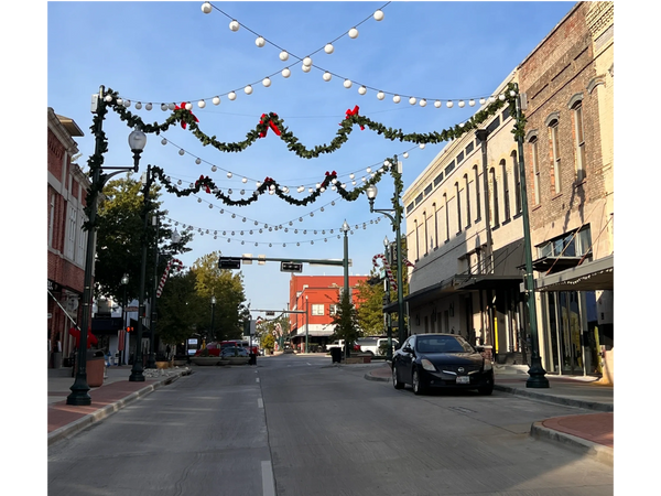 Street View of Downtown McKinney, Texas, with Christmas light decorations