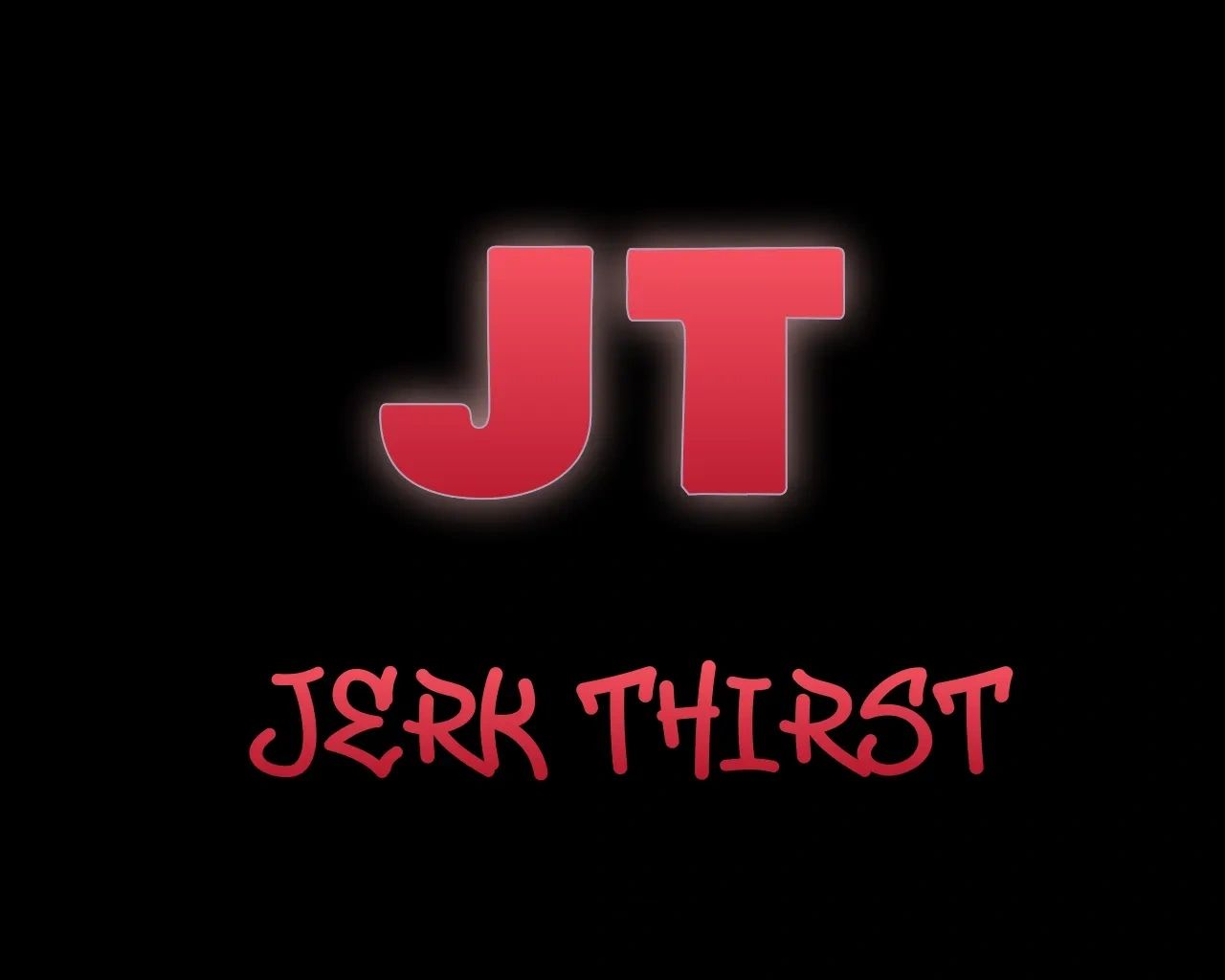 Red logo  Jerk Thirst in modern urban font  below the large thick bold letters J and T darkest blue 