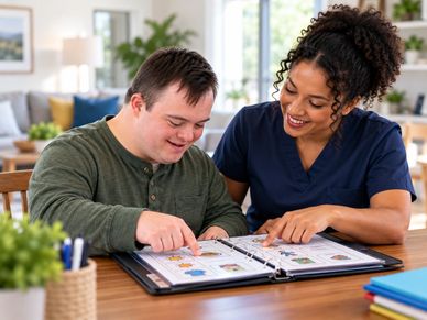 Young man and caregiver looking at a photo album.