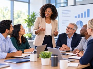 A woman leads a business meeting with attentive colleagues.