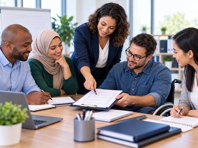 Colleagues collaborating in a meeting.