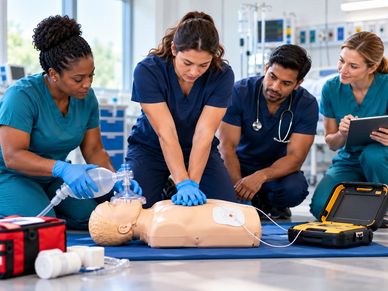 Healthcare professionals practicing CPR on a dummy.