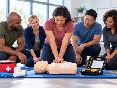 Group learning CPR with a training mannequin.