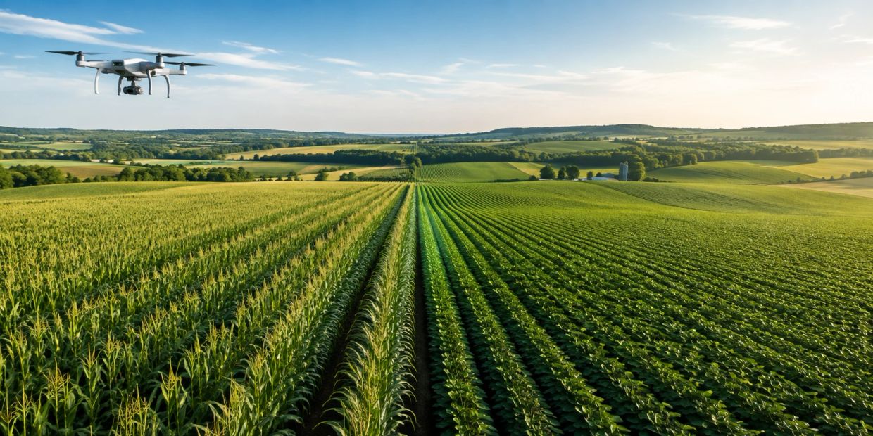 Drone flying over expansive farmland with crops.