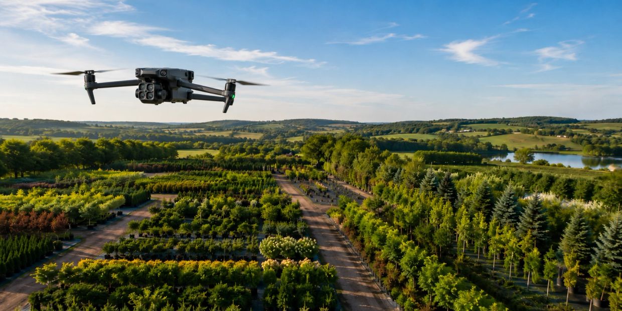 Drone flying over a specialty agriculture nursery with rows of trees and ornamental plants.