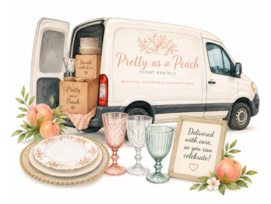 Woman in floral dress sets a table outdoors with glassware and plates.