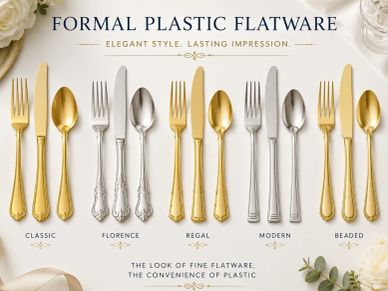 Elegant formal plastic flatware in five stylish designs and metallic finishes.