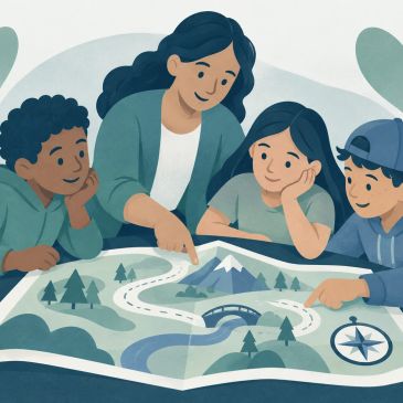 Teacher and kids exploring a map together.