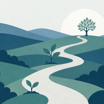Illustration of a winding path leading to a tree on a hill.