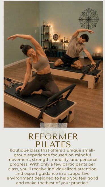 Two people practicing Reformer Pilates in a serene studio.