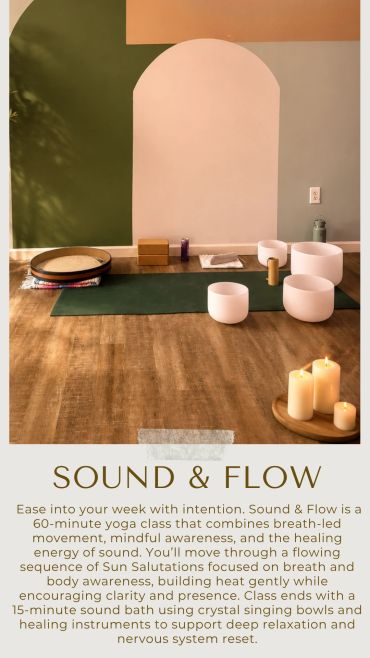 Calm yoga space with crystal singing bowls and candles.