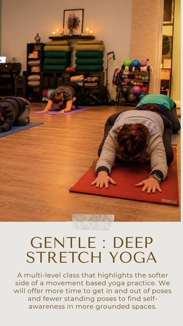 People doing gentle deep stretch yoga in a calm studio.
