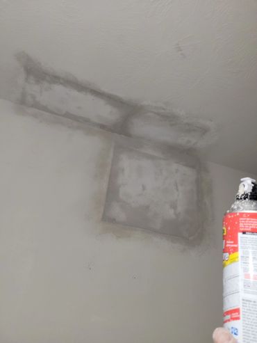 Ceiling and wall with visible water damage and mold patches.
