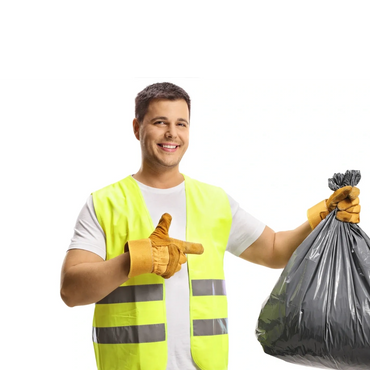 A valet trash worker is smiling as he handles trash collection.