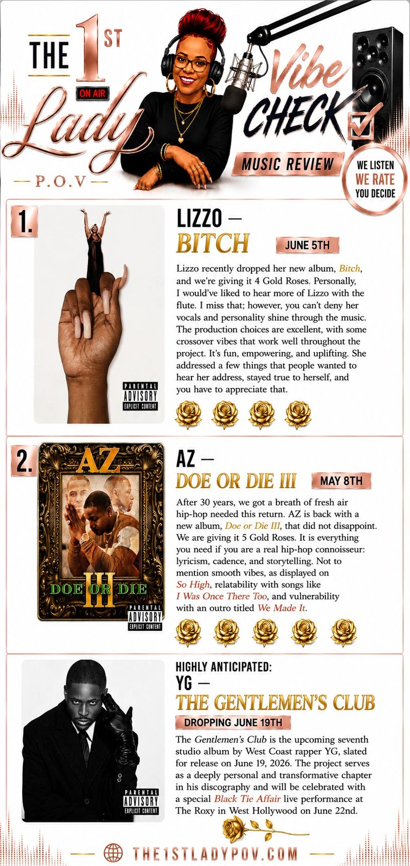 A music review featuring Lizzo, AZ, and YG's upcoming albums with ratings and release dates.