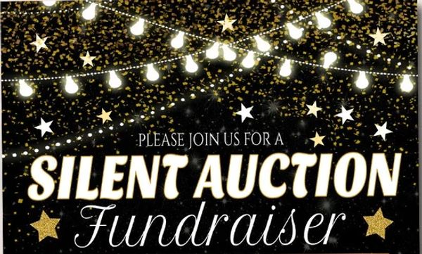 Invitation to a silent auction fundraiser with festive lights and stars.