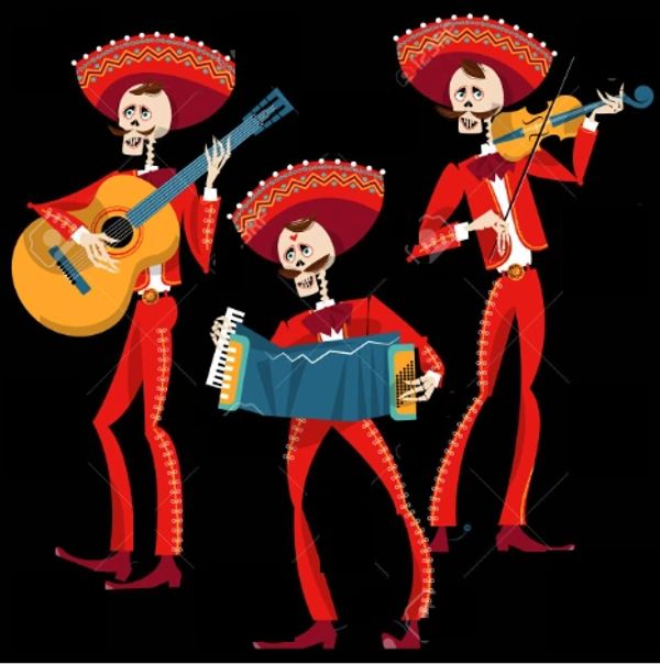 Skeleton mariachi band playing guitar, accordion, and violin.