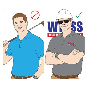 Illustration contrasting unsafe and safe work attire with safety gear.