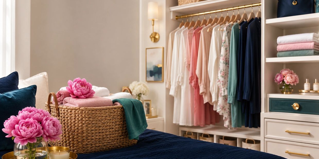 Cozy bedroom with organized closet and decorative flowers.