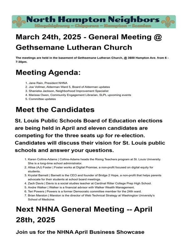NHNA March General Meeting agenda