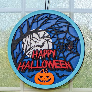 A Halloween-themed round sign with bats, a spider, a pumpkin, and "Happy Halloween" text.
